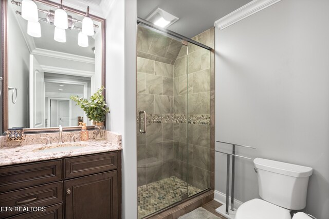 759 Indian Mountain Rd, Jellico, TN 37762 - full bath featuring toilet, crown molding, vanity, and a stall shower