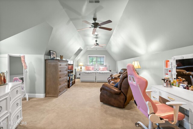 759 Indian Mountain Rd, Jellico, TN 37762 - bedroom featuring light colored carpet, vaulted ceiling, baseboards, and a ceiling fan