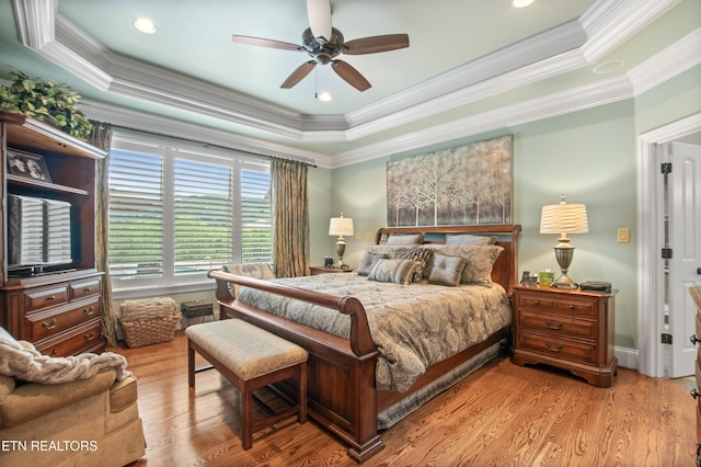 759 Indian Mountain Rd, Jellico, TN 37762 - bedroom with a raised ceiling, wood finished floors, crown molding, and a ceiling fan