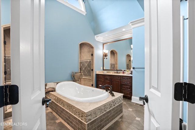 759 Indian Mountain Rd, Jellico, TN 37762 - full bathroom featuring vanity, a bath, a high ceiling, tile patterned floors, and a tile shower