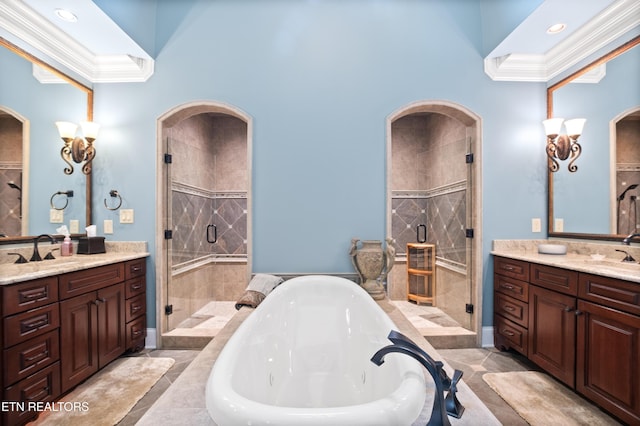 759 Indian Mountain Rd, Jellico, TN 37762 - full bath featuring two vanities, a bath, a shower stall, crown molding, and recessed lighting