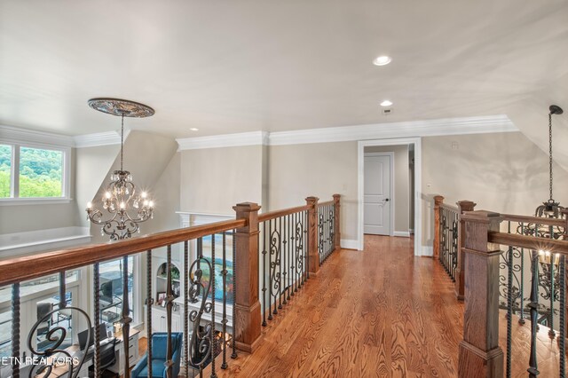 759 Indian Mountain Rd, Jellico, TN 37762 - corridor featuring a chandelier, wood finished floors, crown molding, recessed lighting, and an upstairs landing