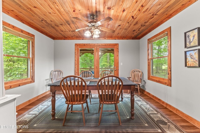 1854 Catusa Rd, Wartburg, TN 37887 - dining space with plenty of natural light, wood finished floors, baseboards, a ceiling fan, and wood ceiling