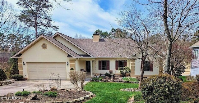 118 Toqua Club Way, Loudon, TN 37774 - single story home featuring stucco siding, driveway, an attached garage, a chimney, and a front yard