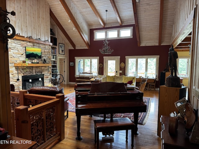 1309 Licklog Hollow Rd, Sevierville, TN 37876 - living area with wooden ceiling with exposed beams, high vaulted ceiling, plenty of natural light, wood finished floors, and a fireplace