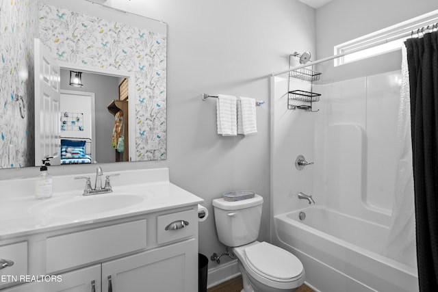 1227 Branch Creek Ln, Maryville, TN 37801 - full bathroom with vanity, shower / bathtub combination with curtain, toilet, wallpapered walls, and baseboards