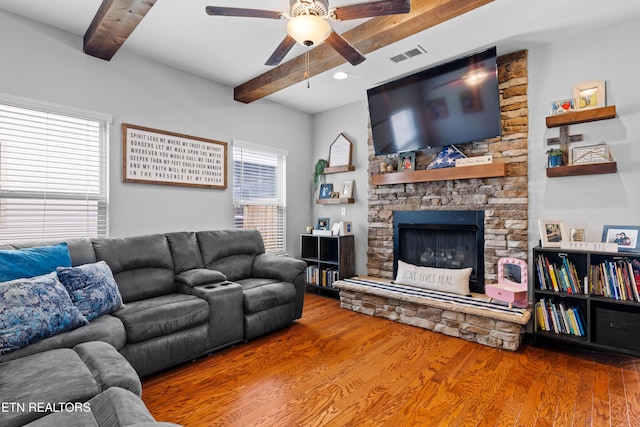1227 Branch Creek Ln, Maryville, TN 37801 - living area with ceiling fan, beam ceiling, wood finished floors, and a fireplace