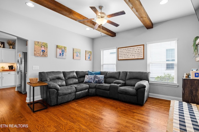 1227 Branch Creek Ln, Maryville, TN 37801 - living area with wood finished floors, beamed ceiling, healthy amount of natural light, a ceiling fan, and recessed lighting
