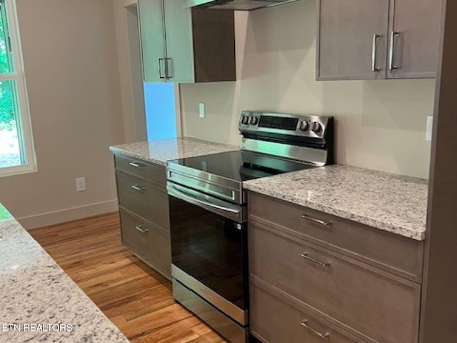110 Stone Rd, Knoxville, TN 37920 - kitchen with electric stove, light wood-type flooring, baseboards, and light stone countertops