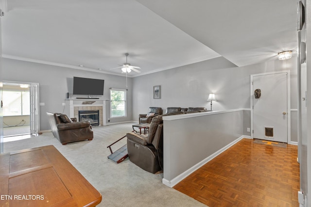 15 Breakers Ct, Clinton, TN 37716 - living area with a ceiling fan, baseboards, ornamental molding, and a tile fireplace