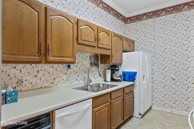 15 Breakers Ct, Clinton, TN 37716 - kitchen featuring white appliances, a sink, wallpapered walls, light countertops, and ornamental molding