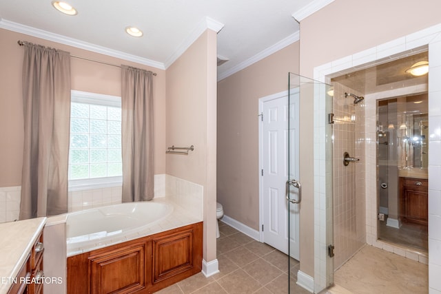 210 Oologila Pl, Loudon, TN 37774 - full bath featuring a bath, a shower stall, crown molding, toilet, and tile patterned flooring