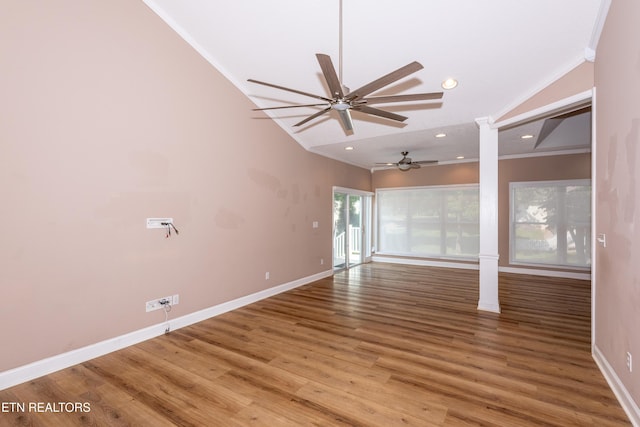 210 Oologila Pl, Loudon, TN 37774 - unfurnished room featuring a ceiling fan, ornamental molding, ornate columns, baseboards, and wood finished floors