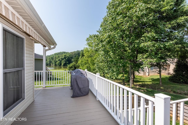 210 Oologila Pl, Loudon, TN 37774 - wooden terrace featuring a water view, area for grilling, and a lawn