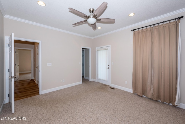 210 Oologila Pl, Loudon, TN 37774 - unfurnished bedroom featuring carpet floors, crown molding, recessed lighting, baseboards, and a ceiling fan
