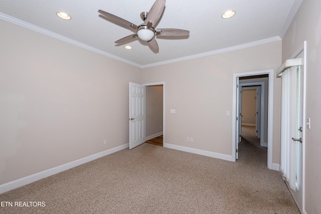 210 Oologila Pl, Loudon, TN 37774 - unfurnished bedroom featuring light carpet, crown molding, recessed lighting, baseboards, and a ceiling fan