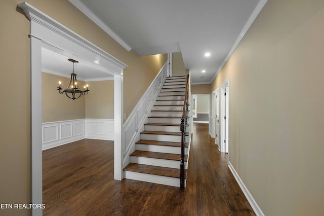 4914 Circle Rd, Corryton, TN 37721 - staircase featuring wood finished floors, crown molding, a chandelier, and recessed lighting