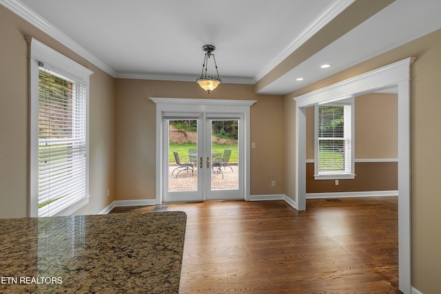 4914 Circle Rd, Corryton, TN 37721 - unfurnished dining area featuring french doors, ornamental molding, wood finished floors, baseboards, and recessed lighting