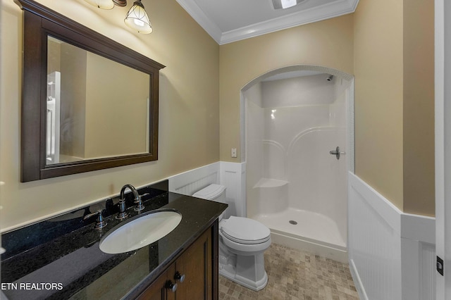 4914 Circle Rd, Corryton, TN 37721 - bathroom featuring toilet, wainscoting, crown molding, a stall shower, and vanity