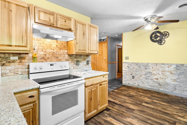 3305 Leonard Huskey Ln, Pigeon Forge, TN 37863 - kitchen featuring white range with electric stovetop, under cabinet range hood, light brown cabinets, ceiling fan, and dark wood-type flooring