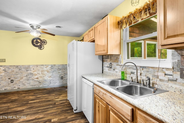 3305 Leonard Huskey Ln, Pigeon Forge, TN 37863 - kitchen with a sink, white appliances, light brown cabinets, ceiling fan, and dark wood-style floors