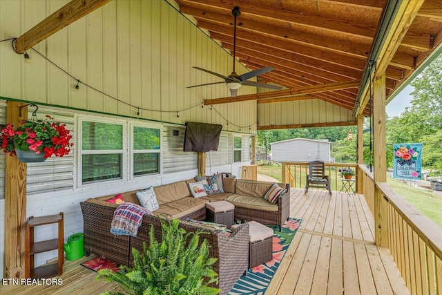 645 Blue Springs Rd, Speedwell, TN 37870 - wooden deck with outdoor lounge area and a ceiling fan