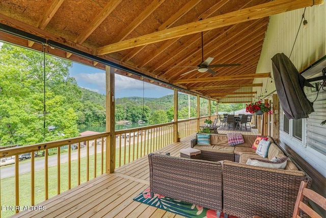 645 Blue Springs Rd, Speedwell, TN 37870 - deck featuring outdoor dining area, outdoor lounge area, a ceiling fan, a view of trees, and a mountain view