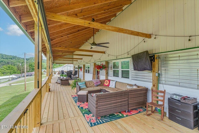 645 Blue Springs Rd, Speedwell, TN 37870 - wooden terrace featuring outdoor lounge area, ceiling fan, and a lawn