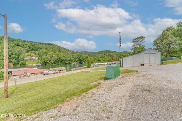 645 Blue Springs Rd, Speedwell, TN 37870 - view of green lawn featuring a water view, a wooded view, a pole building, and an outdoor structure