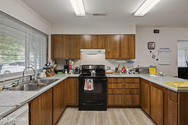 205 Newcastle Rd, Knoxville, TN 37909 - kitchen featuring black range with electric stovetop, under cabinet range hood, a peninsula, a sink, and brown cabinets