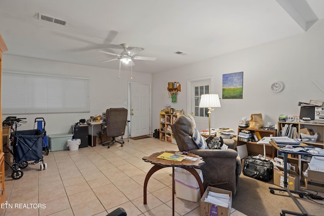 205 Newcastle Rd, Knoxville, TN 37909 - living area with an office area, light tile patterned flooring, and a ceiling fan