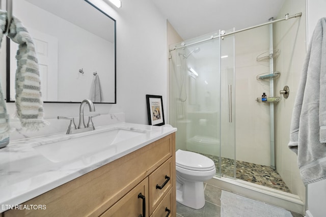 1907 Oakwood Rd, Walland, TN 37886 - bathroom with toilet, vanity, a shower stall, and tile patterned flooring