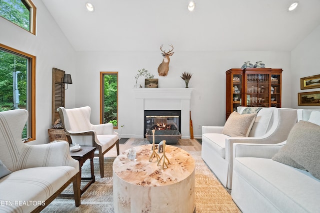 1907 Oakwood Rd, Walland, TN 37886 - living room featuring a glass covered fireplace, recessed lighting, high vaulted ceiling, and baseboards