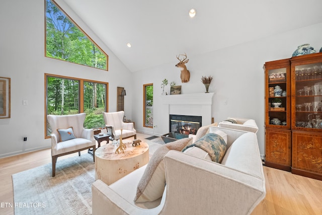 1907 Oakwood Rd, Walland, TN 37886 - living area with high vaulted ceiling, light wood-style flooring, a glass covered fireplace, baseboards, and recessed lighting