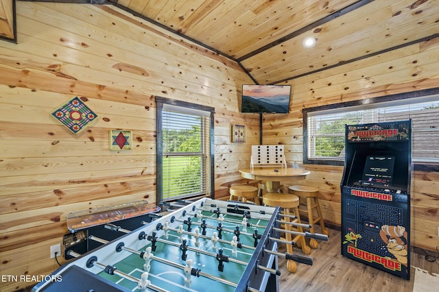 2046 Slippery Rock Cir, Sevierville, TN 37862 - playroom with plenty of natural light, wood walls, wood finished floors, wood ceiling, and vaulted ceiling