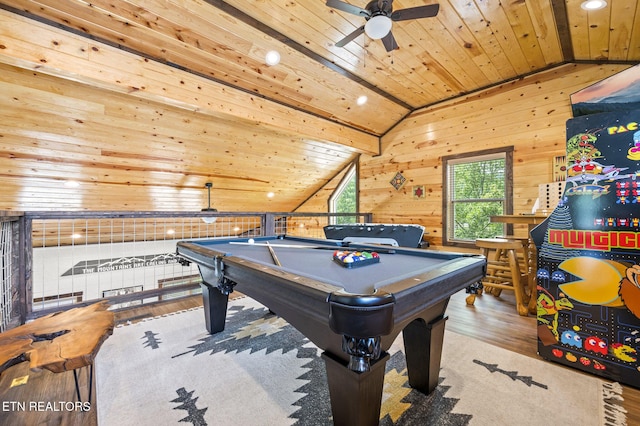 2046 Slippery Rock Cir, Sevierville, TN 37862 - recreation room with ceiling fan, vaulted ceiling, wood finished floors, billiards, and wood walls