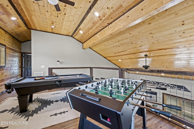 2046 Slippery Rock Cir, Sevierville, TN 37862 - rec room featuring a ceiling fan, billiards, wood finished floors, vaulted ceiling, and wood ceiling