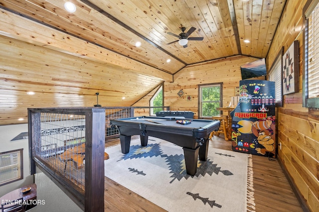 2046 Slippery Rock Cir, Sevierville, TN 37862 - rec room with vaulted ceiling, a ceiling fan, wood finished floors, wood walls, and pool table