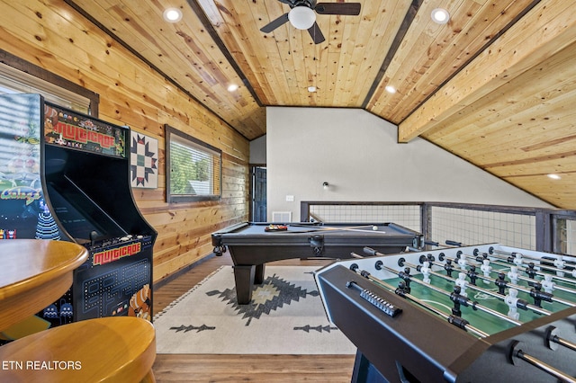 2046 Slippery Rock Cir, Sevierville, TN 37862 - game room with wood finished floors, recessed lighting, ceiling fan, wood ceiling, and billiards