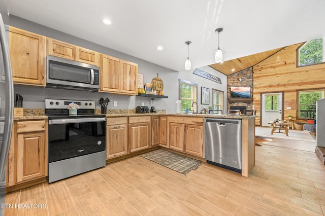 2046 Slippery Rock Cir, Sevierville, TN 37862 - kitchen featuring appliances with stainless steel finishes, a peninsula, open floor plan, decorative light fixtures, and high vaulted ceiling