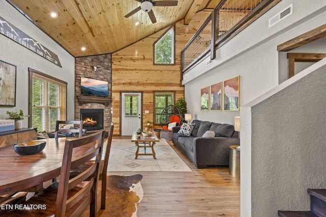 2046 Slippery Rock Cir, Sevierville, TN 37862 - living area with high vaulted ceiling, wood finished floors, a fireplace, recessed lighting, and wooden ceiling
