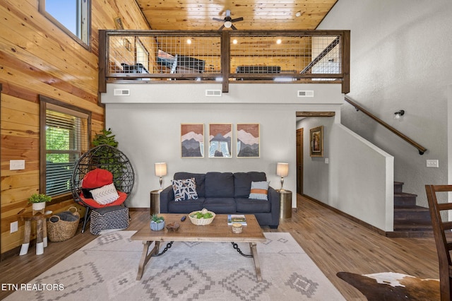 2046 Slippery Rock Cir, Sevierville, TN 37862 - living room with wood ceiling, stairs, high vaulted ceiling, wood finished floors, and wood walls