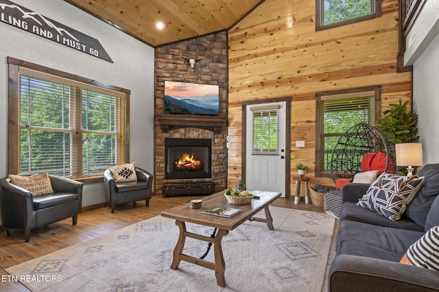 2046 Slippery Rock Cir, Sevierville, TN 37862 - living area with high vaulted ceiling, wood finished floors, a fireplace, wood walls, and wooden ceiling
