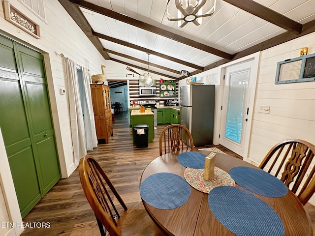 576 Mill Creek Rd, Pigeon Forge, TN 37863 - dining room featuring dark wood-style floors, wood walls, and a ceiling fan