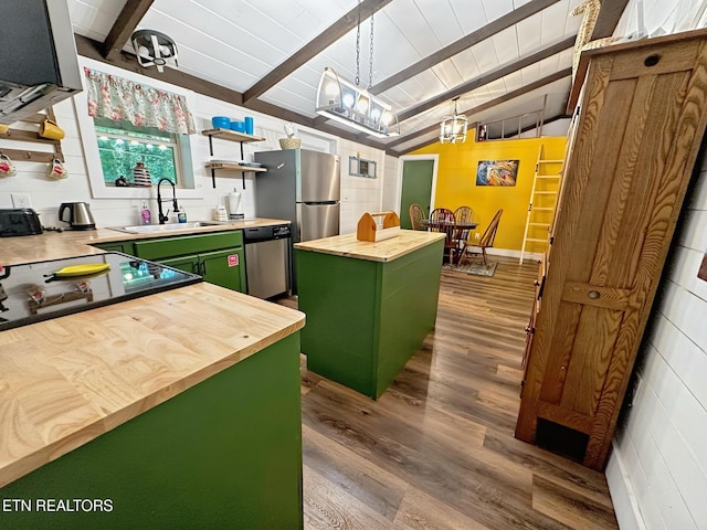 576 Mill Creek Rd, Pigeon Forge, TN 37863 - kitchen with green cabinets, wooden counters, a sink, dishwasher, and dark wood finished floors