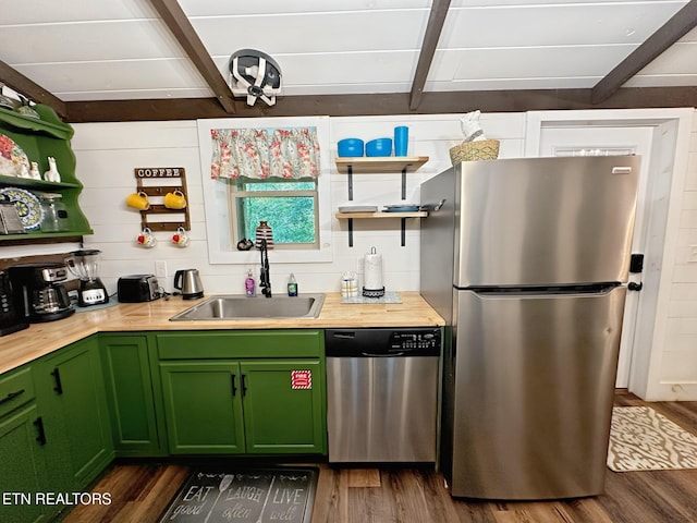 576 Mill Creek Rd, Pigeon Forge, TN 37863 - kitchen with appliances with stainless steel finishes, green cabinets, open shelves, and a sink