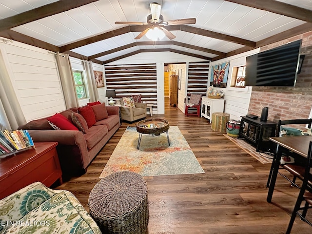 576 Mill Creek Rd, Pigeon Forge, TN 37863 - living area featuring wooden walls, a wood stove, ceiling fan, and wood finished floors