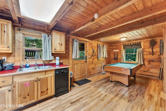 2941 Valley Springs Way, Sevierville, TN 37862 - recreation room with a sink, wood walls, light wood-style floors, wood ceiling with exposed beams, and pool table