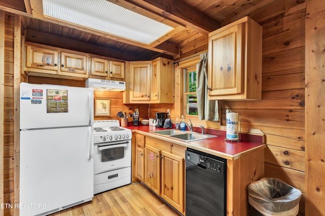 2941 Valley Springs Way, Sevierville, TN 37862 - kitchen featuring white appliances, a sink, under cabinet range hood, wood ceiling with exposed beams, and light wood-style flooring