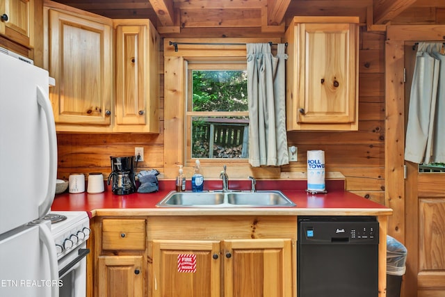 2941 Valley Springs Way, Sevierville, TN 37862 - kitchen featuring white appliances, a sink, wooden walls, light countertops, and wooden ceiling with exposed beams